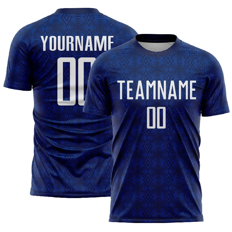 Soccer Jerseys with Stretch-Fit Design for Flexible Play-Custom Navy White-Royal Geometric Shapes Sublimation Soccer Uniform Jersey