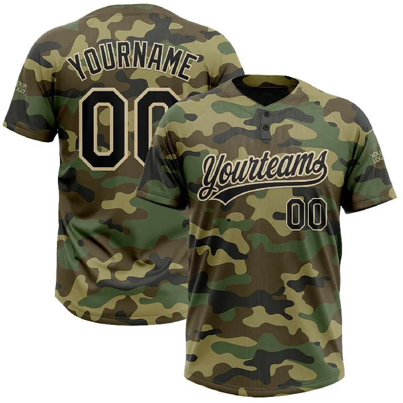 Long-Sleeve Softball Jerseys for Cooler Weather-Custom Camo Black-Cream Salute To Service Two-Button Unisex Softball Jersey