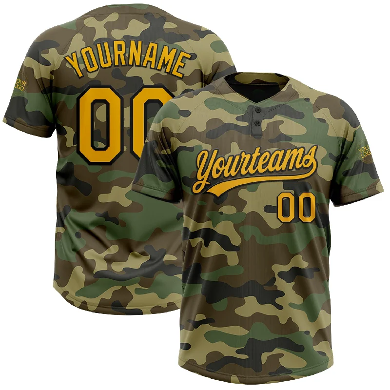 Softball Jerseys with Zip Collar for Easy Wear-Custom Camo Gold-Black Salute To Service Two-Button Unisex Softball Jersey