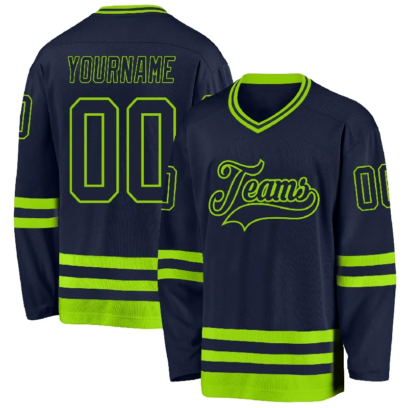 Durable Polyester Hockey Jerseys for Everyday Use-Custom Navy Neon Green Hockey Jersey