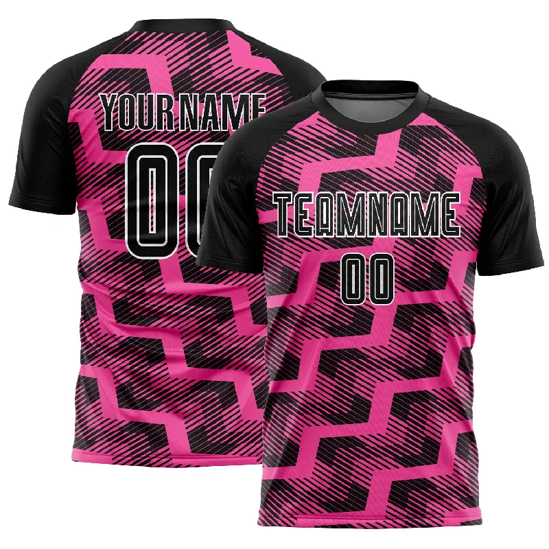 Soccer Jerseys with Breathable Mesh Panels for Ventilation-Custom Black Pink-White Line Sublimation Soccer Uniform Jersey