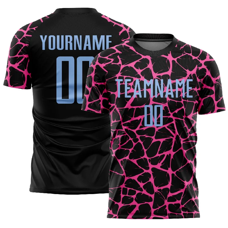 Soccer Jerseys with Sleeveless Design for Warm Weather-Custom Black Light Blue-Pink Abstract Network Splash Sublimation Soccer Uniform Jersey