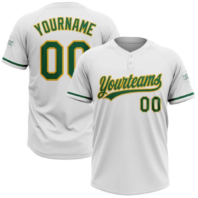 Premium Softball Jerseys with Pique Knit for Texture-Custom White Kelly Green-Gold Two-Button Unisex Softball Jersey