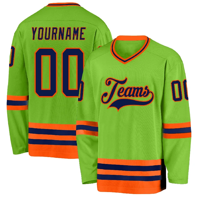 Customizable Hockey Jerseys for Schools and Leagues-Custom Neon Green Navy-Orange Hockey Jersey