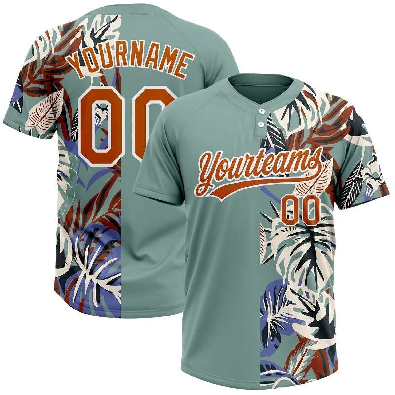 Softball Jerseys for Summer Leagues with Cooling Fabrics-Custom Teal Texas Orange-White 3D Pattern Hawaii Tropical Palm Leaves Two-Button Unisex Softball Jersey