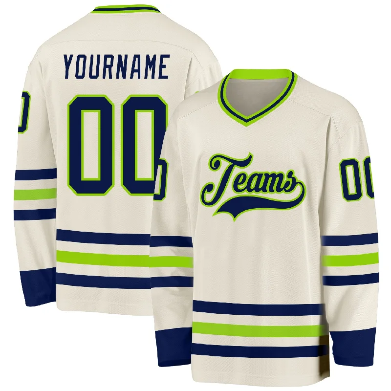 Supporter Hockey Jerseys for Fan Merchandising-Custom Cream Navy-Neon Green Hockey Jersey