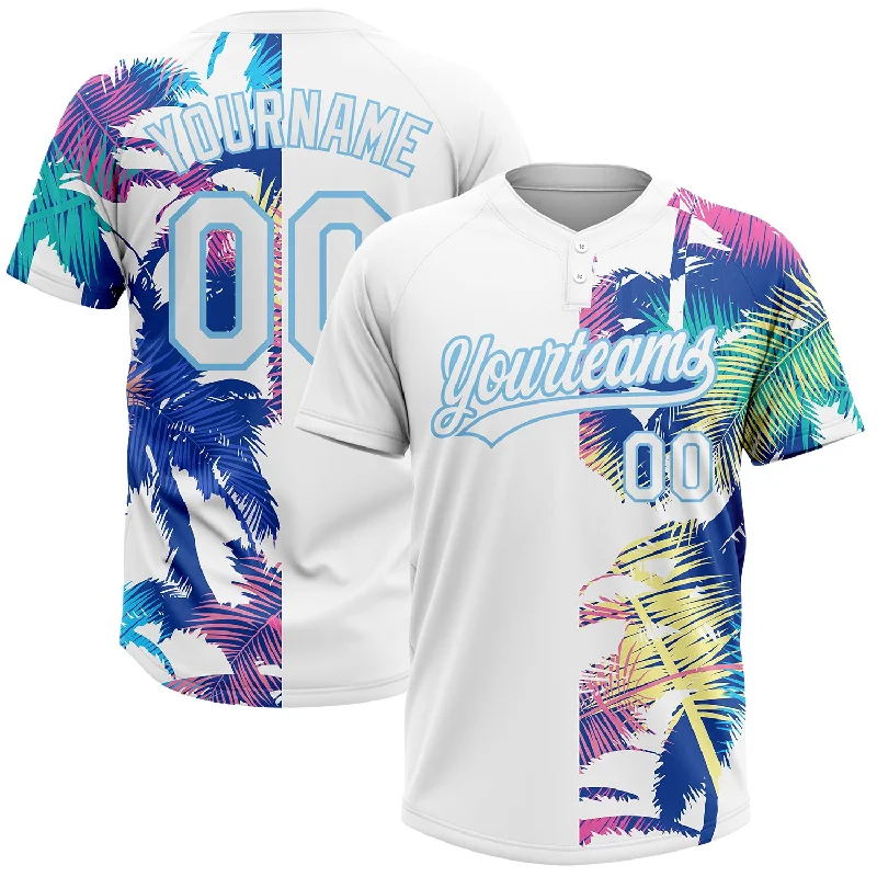 Softball Jerseys with Double Stitched Seams for Extra Strength-Custom White Light Blue 3D Pattern Hawaii Palm Trees Two-Button Unisex Softball Jersey