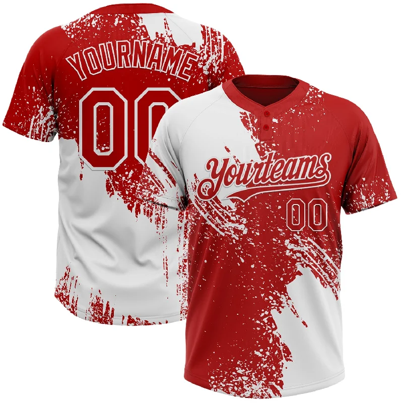 High-Durability Softball Jerseys for Intensive Play-Custom White Red 3D Pattern Abstract Brush Stroke Two-Button Unisex Softball Jersey