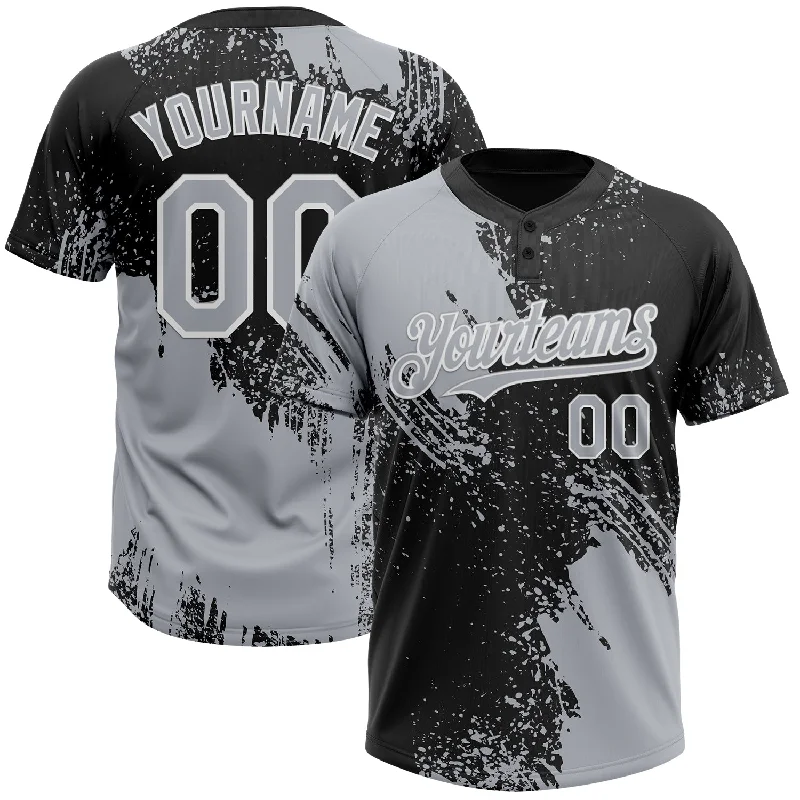 Customizable Softball Jerseys for School Teams-Custom Gray Black-White 3D Pattern Abstract Brush Stroke Two-Button Unisex Softball Jersey