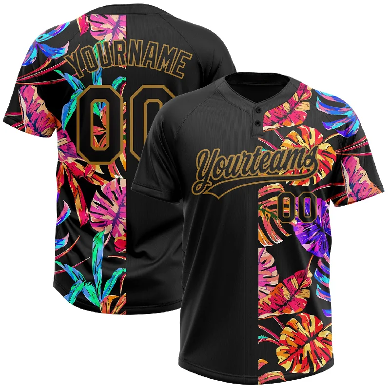 Sublimated Softball Jerseys for Unique Customization-Custom Black Old Gold 3D Pattern Hawaii Tropical Palm Leaves Two-Button Unisex Softball Jersey