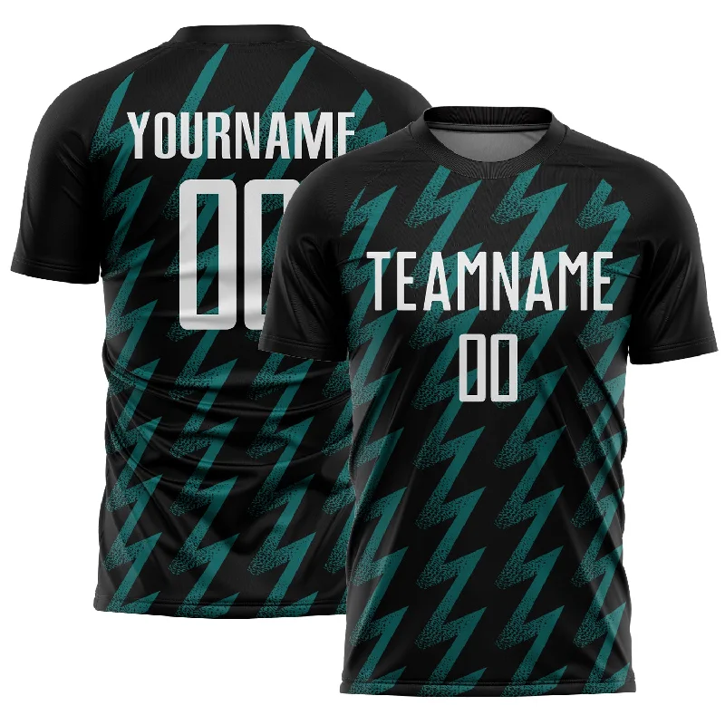 Youth Soccer Jerseys with Personalized Name and Number-Custom Black White-Teal Zigzag Shape Sublimation Soccer Uniform Jersey