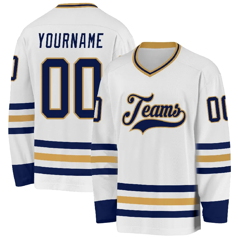 Custom Hockey Jersey for Team Sports-Custom White Navy-Old Gold Hockey Jersey