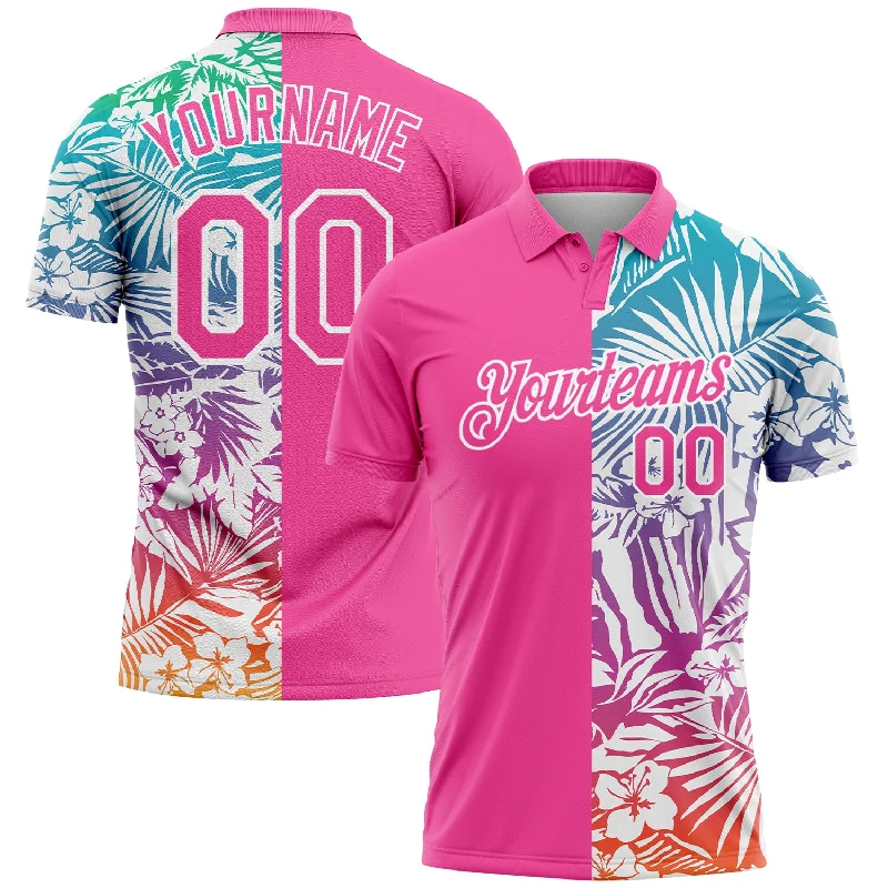 Stretch-Fit Golf Polo Shirts for Active Players-Custom Pink White 3D Pattern Design Tropical Palm Leaves Performance Golf Polo Shirt