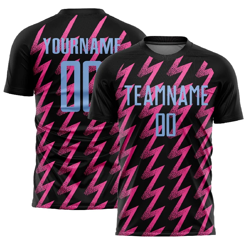 Soccer Jerseys with Anti-Wrinkle Fabric for Easy Maintenance-Custom Black Light Blue-Pink Zigzag Shape Sublimation Soccer Uniform Jersey