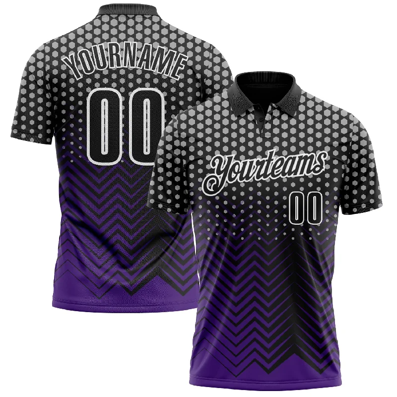 High-Quality Performance Golf Polo Shirts for Serious Players-Custom Black Purple-Gray 3D Bowling Geometric Shape Performance Polo Shirt