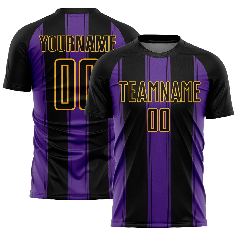 Soccer Jerseys with Zip-Up Design for Easy Wear-Custom Black Purple-Gold Line Sublimation Soccer Uniform Jersey