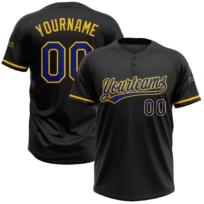 Softball Jerseys with Adjustable Collar for Versatility-Custom Black Royal-Yellow Two-Button Unisex Softball Jersey