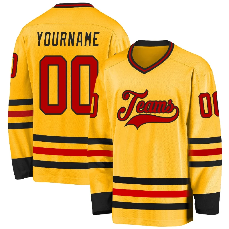 Full-Sleeve Hockey Jerseys for Extra Protection-Custom Gold Red-Black Hockey Jersey