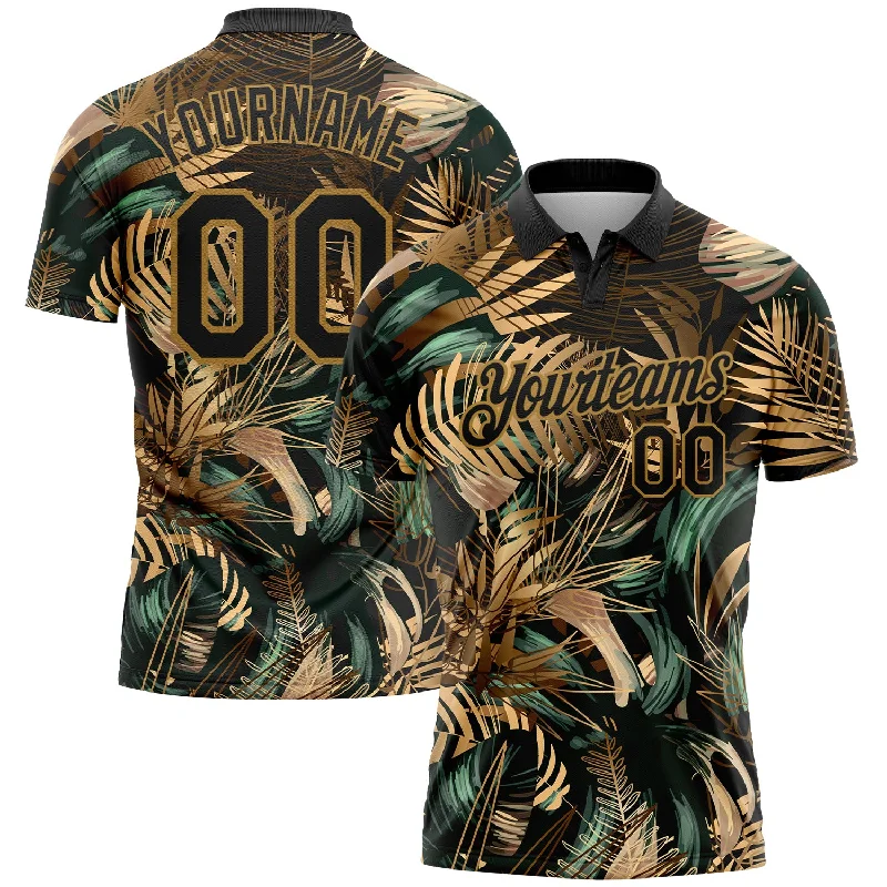 Customized Golf Polo Shirts for Special Occasions-Custom Black Old Gold 3D Pattern Design Golden And Green Tropical Leaves In The Style Of Jungle And Hawaii Performance Golf Polo Shirt