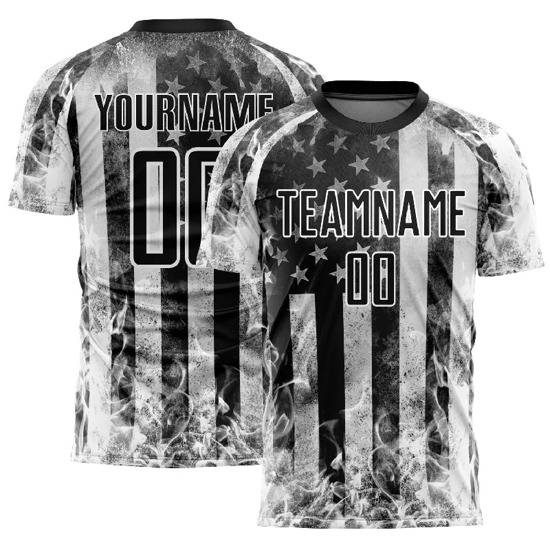 Soccer Jerseys with Vented Mesh Panels for Maximum Airflow-Custom Black Gray-White American Flag Flame Sublimation Soccer Uniform Jersey