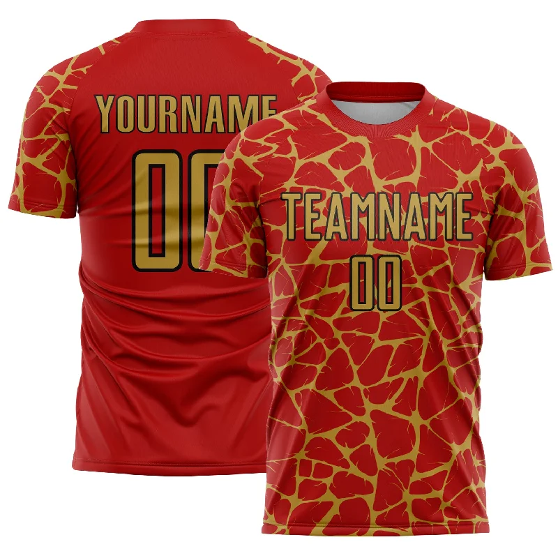 Soccer Jerseys with Anti-Odor Technology for Comfort-Custom Red Old Gold-Black Abstract Network Splash Sublimation Soccer Uniform Jersey