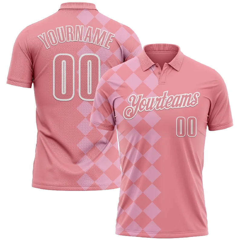 CoolTech Golf Polo Shirts for Hot and Humid Days-Custom Medium Pink Light Pink-White 3D Bowling Geometric Square Shape Performance Polo Shirt