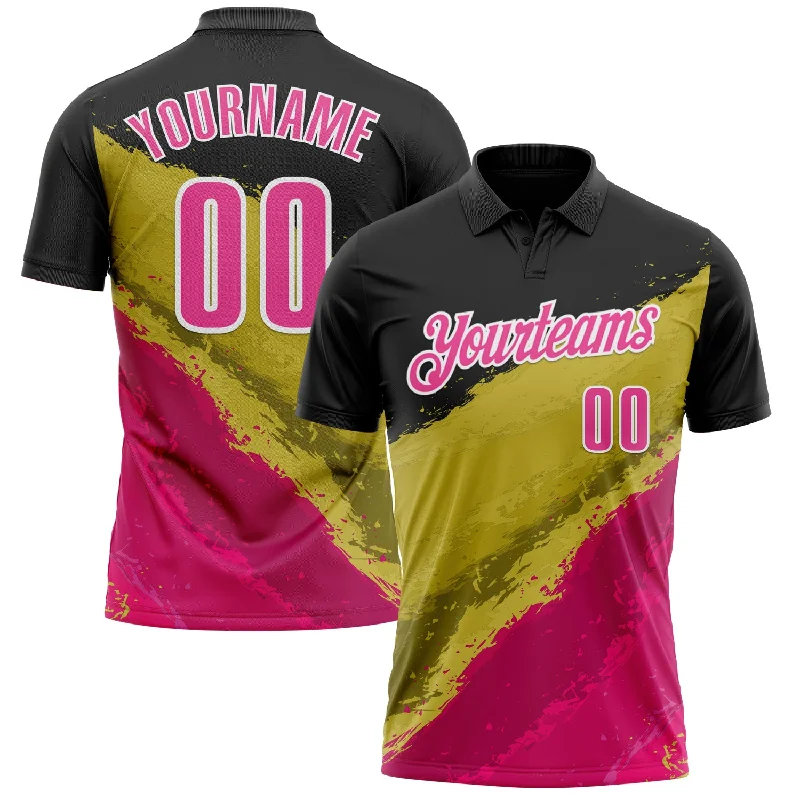 Performance Polo Shirts for Golf Enthusiasts-Custom Black Pink-Old Gold 3D Bowling Splash Ink Performance Polo Shirt