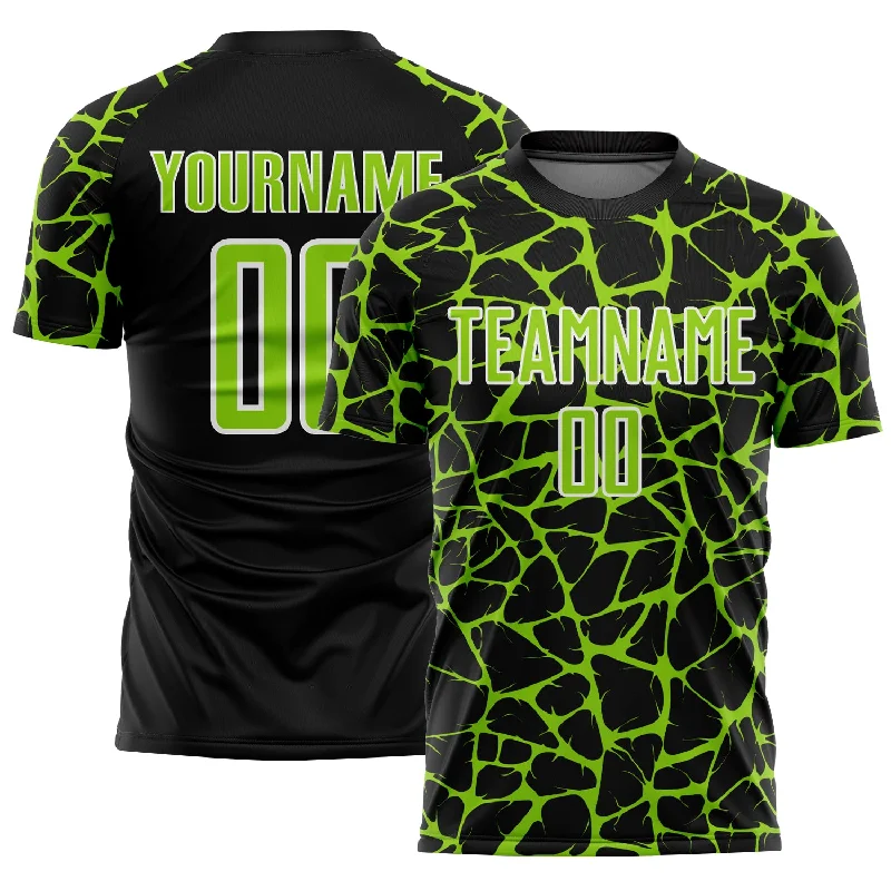 Soccer Jerseys with Sweat-Wicking Technology for Dry Comfort-Custom Black Neon Green-White Abstract Network Splash Sublimation Soccer Uniform Jersey