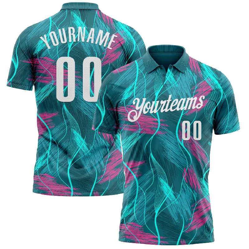 Golf Polo Shirts with Classic Ribbed Collar for Style-Custom Teal Pink-White 3D Bowling Line Performance Polo Shirt