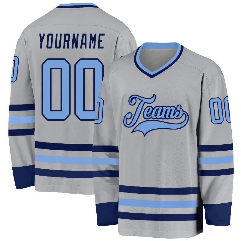 Supporter Hockey Jerseys for Fan Merchandising-Custom Gray Light Blue-Navy Hockey Jersey