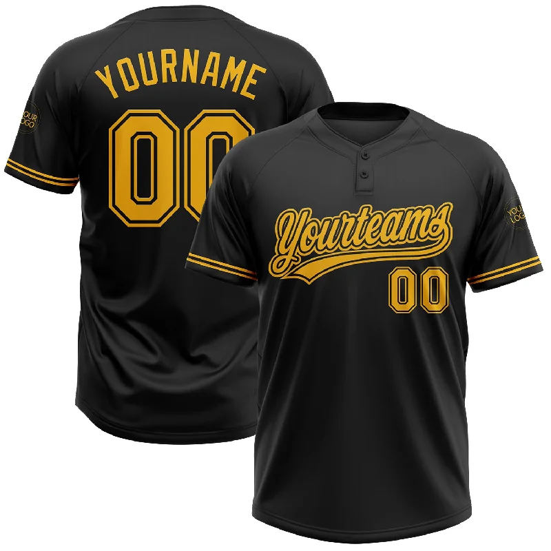 Professional Softball Jerseys for Tournament Teams-Custom Black Gold Two-Button Unisex Softball Jersey