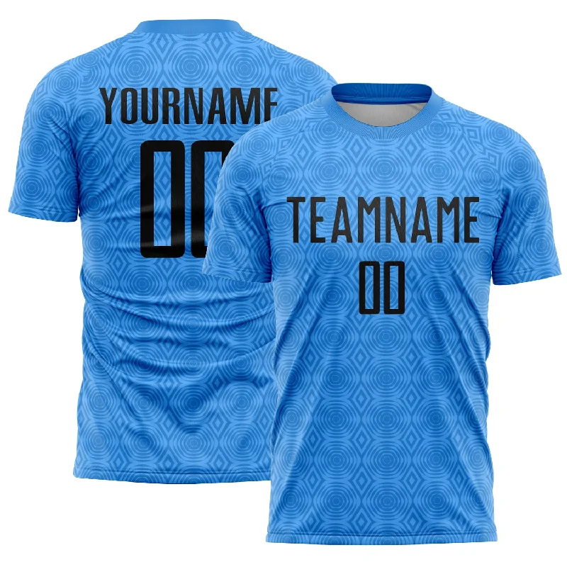 Soccer Jerseys with Mesh Inserts for Extra Ventilation-Custom Powder Blue Black Geometric Shapes Sublimation Soccer Uniform Jersey