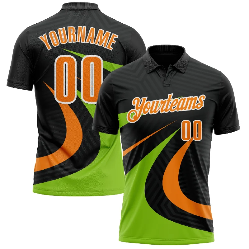 Stylish Golf Polo Shirts for Casual Wear-Custom Black Bay Orange-Neon Green 3D Bowling Geometric Shape Performance Polo Shirt