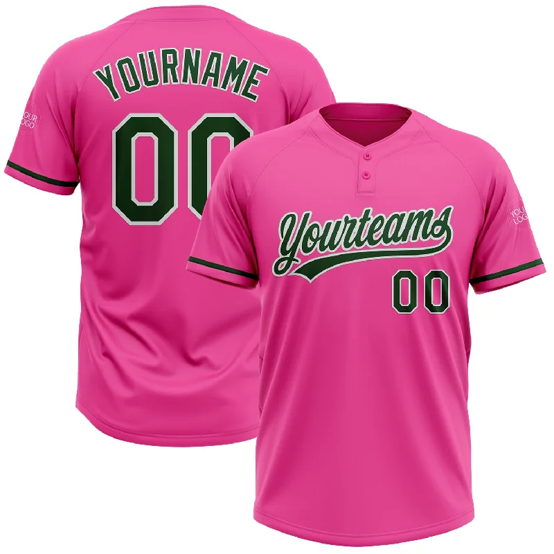 Softball Jerseys with Full-Button Front for Classic Design-Custom Pink Green-White Two-Button Unisex Softball Jersey