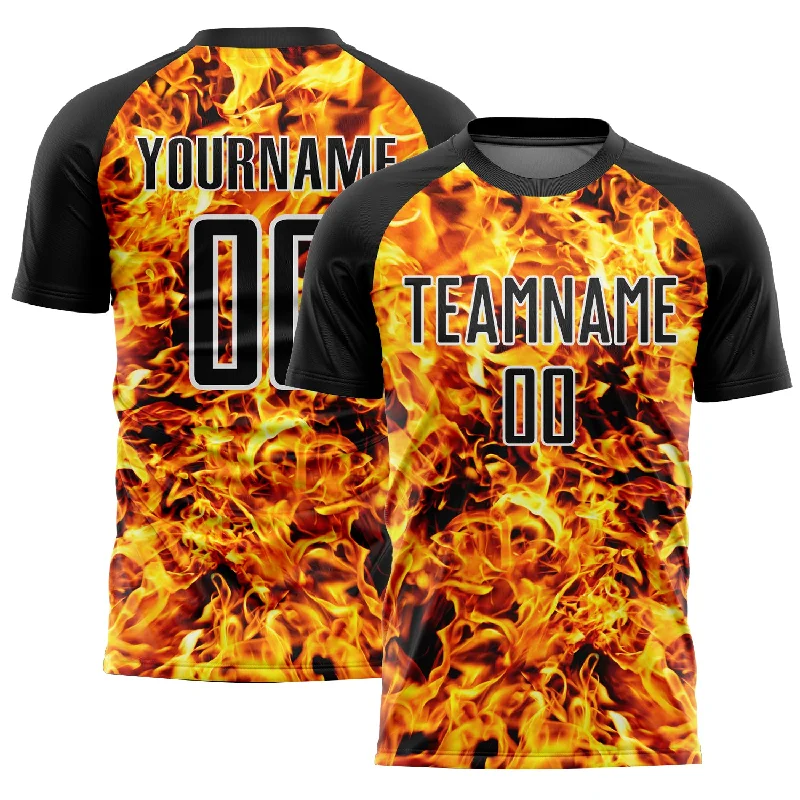 Soccer Jerseys with Heat-Transfer Numbers for Modern Appeal-Custom Black White Flame Sublimation Soccer Uniform Jersey