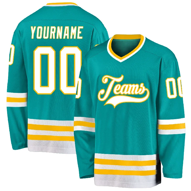 Durable Ice Hockey Jerseys for Extended Play-Custom Aqua White-Gold Hockey Jersey