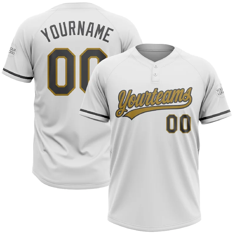 Softball Jerseys with Reinforced Stitching for Durability-Custom White Steel Gray-Old Gold Two-Button Unisex Softball Jersey