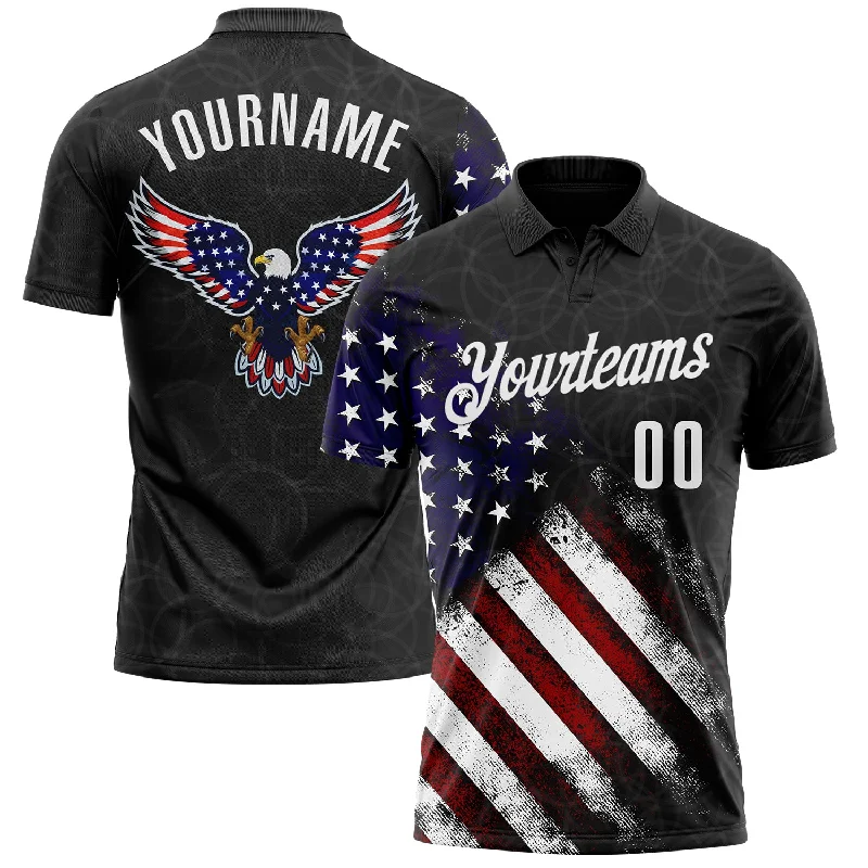 Tech-Infused Golf Polo Shirts for Enhanced Movement-Custom Black White 3D Bowling American Flag Eagle Performance Polo Shirt