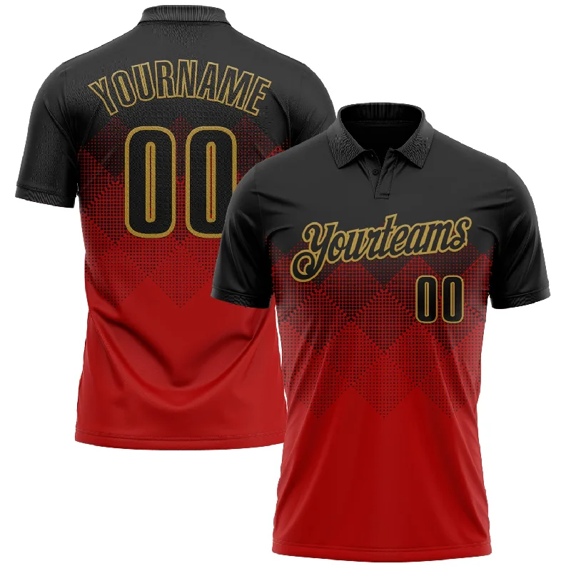 Breathable Golf Polo Shirts for Outdoor Activities-Custom Black Red-Old Gold 3D Pattern Design Gradient Square Shape Performance Polo Shirt