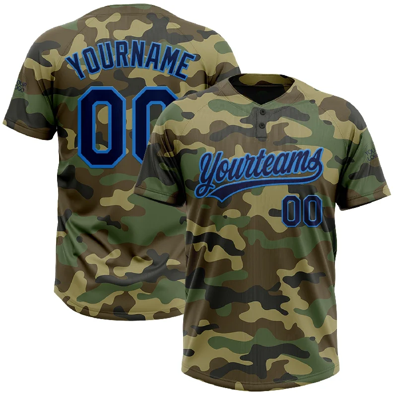 Softball Jerseys with Heat-Sealed Logos for Clean Finish-Custom Camo Navy-Electric Blue Salute To Service Two-Button Unisex Softball Jersey