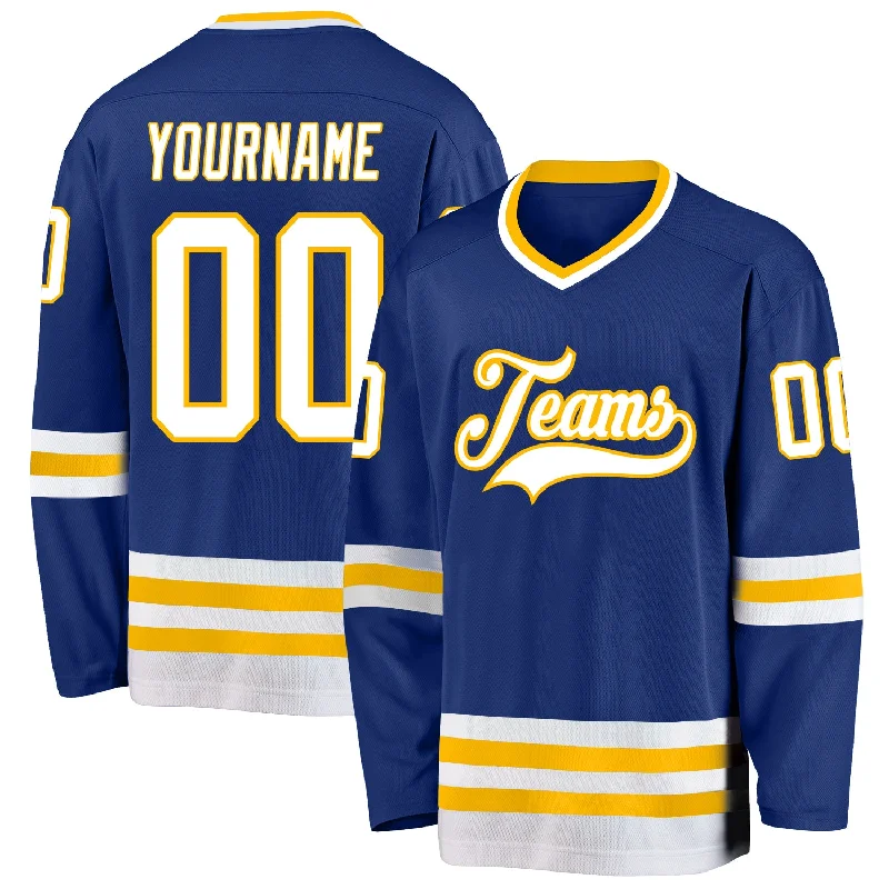 Warm Hockey Jerseys for Cold Weather Play-Custom Royal White-Gold Hockey Jersey