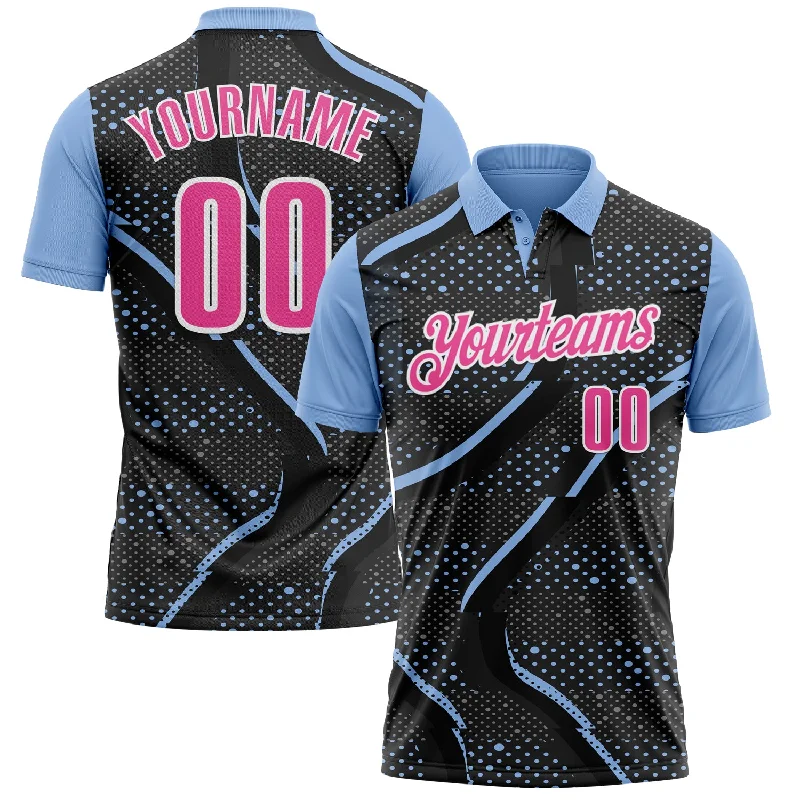 Long-Sleeve Golf Polo Shirts for Cooler Weather-Custom Black Pink-Light Blue 3D Bowling Dot Performance Polo Shirt