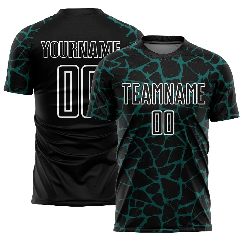 Soccer Jerseys with Unique Graphic Prints for Personal Style-Custom Black Midnight Green-White Abstract Network Splash Sublimation Soccer Uniform Jersey