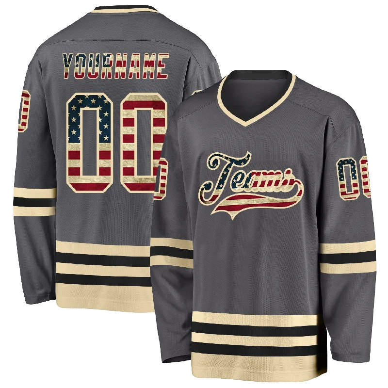 Youth Ice Hockey Jerseys for Kids-Custom Steel Gray Vintage USA Flag Cream-Black Hockey Jersey