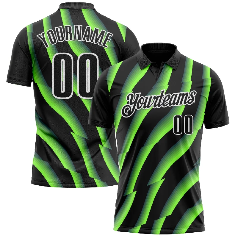 Sporty Golf Polo Shirts with Modern Cuts and Design-Custom Black Neon Green-White 3D Bowling Geometric Shape Performance Polo Shirt