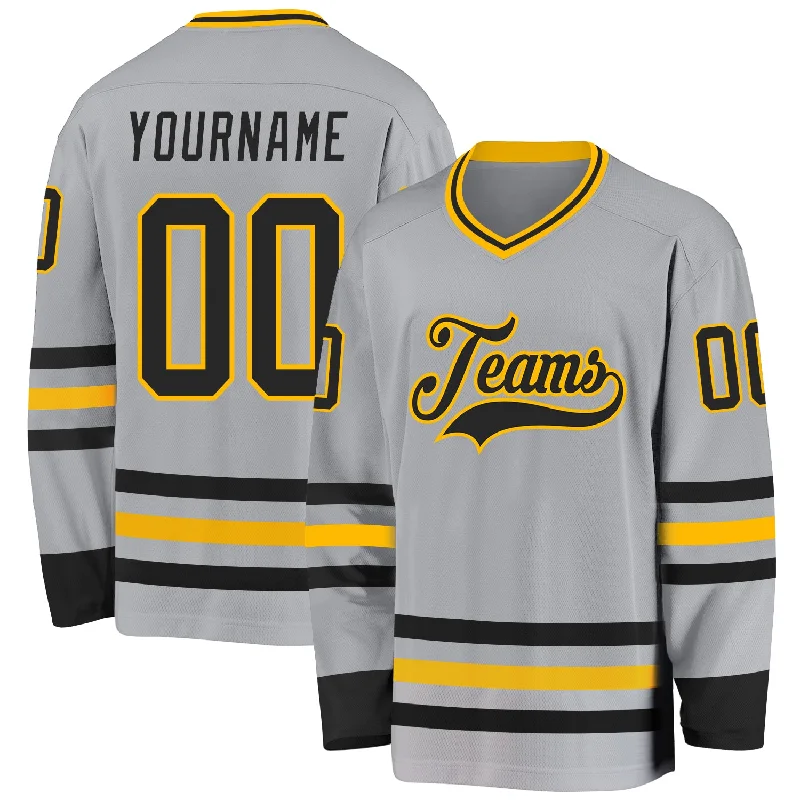 Durable Polyester Hockey Jerseys for Everyday Use-Custom Gray Black-Gold Hockey Jersey