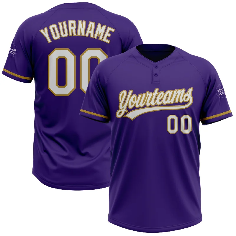 Custom Team Softball Jerseys for Group Play-Custom Purple White-Old Gold Two-Button Unisex Softball Jersey