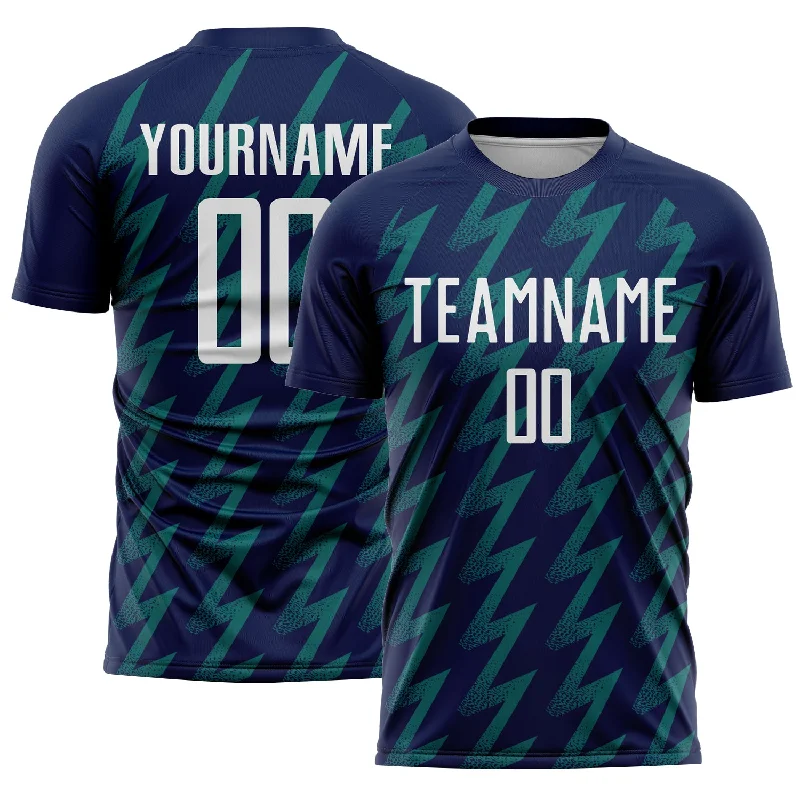 Soccer Jerseys with Mesh Inserts for Extra Ventilation-Custom Navy White-Teal Zigzag Shape Sublimation Soccer Uniform Jersey