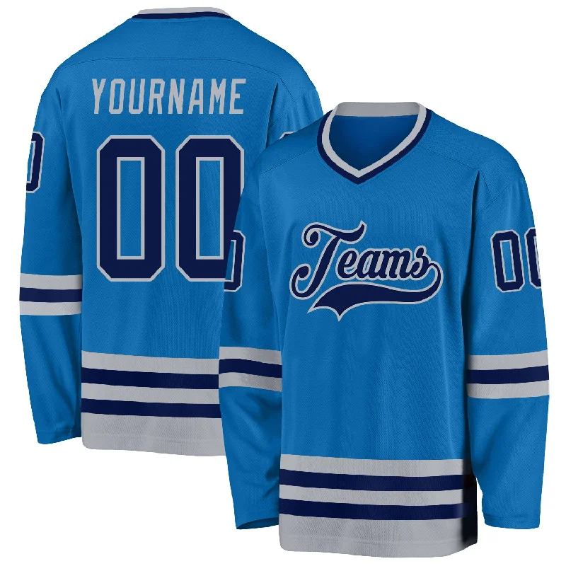 Full-Button Hockey Jerseys for Classic Look-Custom Blue Navy-Gray Hockey Jersey