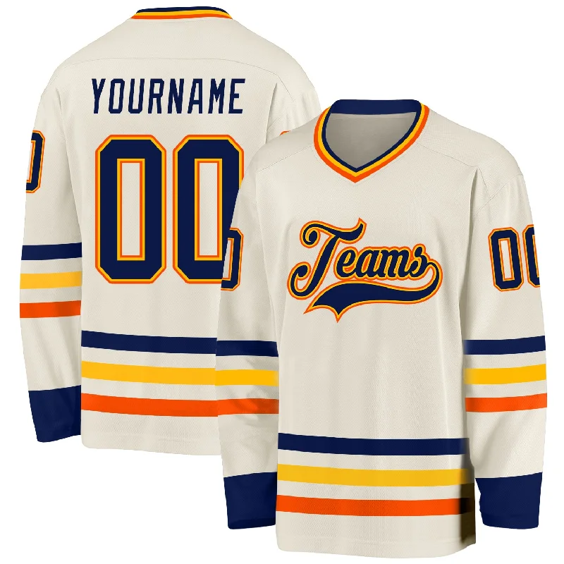 Comfortable Hockey Jerseys for Off-Ice Training-Custom Cream Navy Gold-Orange Hockey Jersey